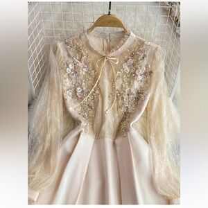 Vintage Elegant Cream Floral Embellished Prom Dress